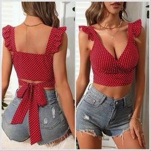 Red and white tie back polka dot crop top